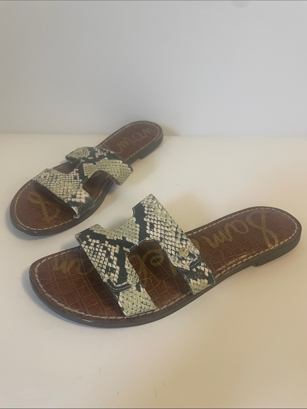 Sam Edelman Gala Green Snake Print Slide Sandals Women’s Size 8